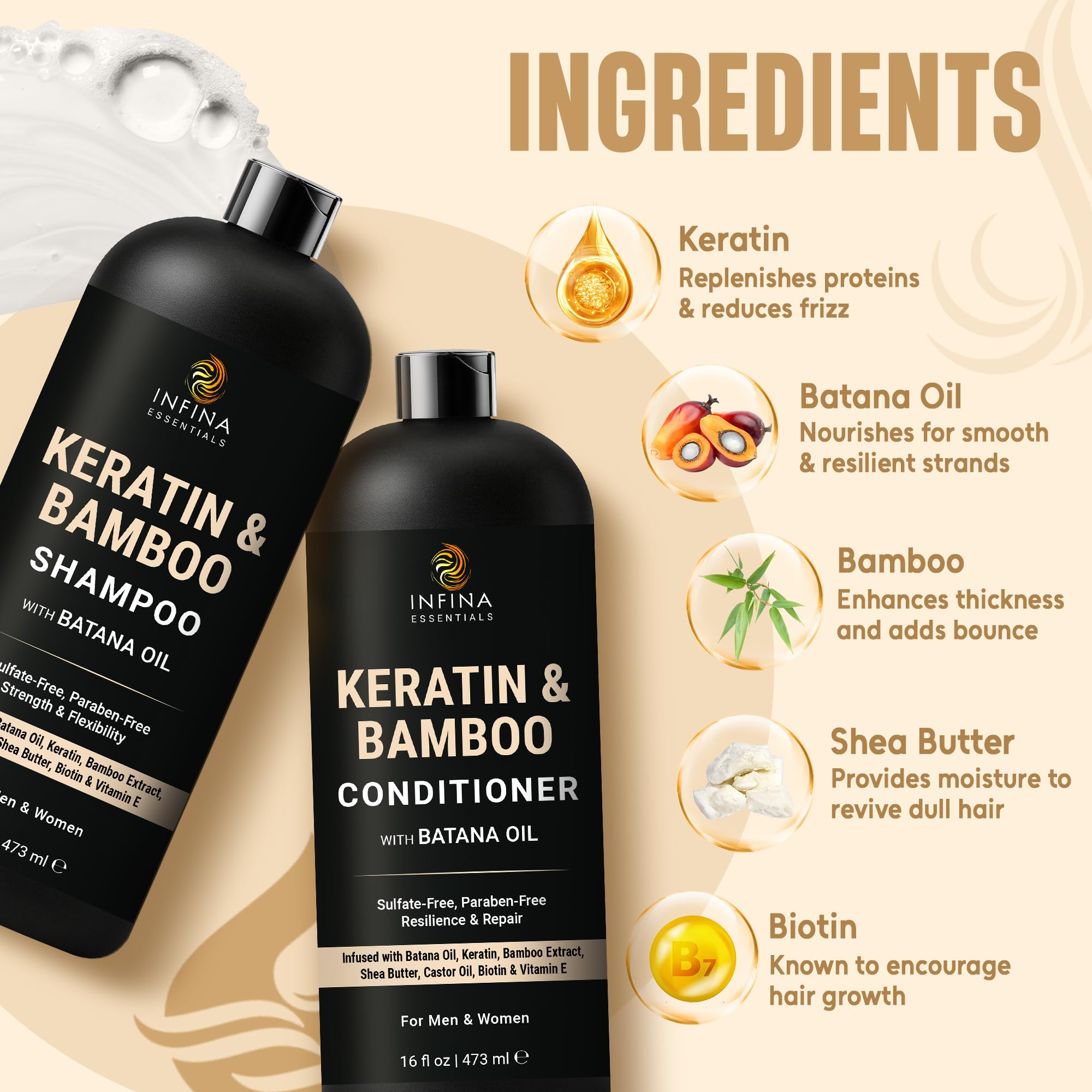 INFINA ESSENTIALS Bamboo Extract moisture close-up shows silky hydration.