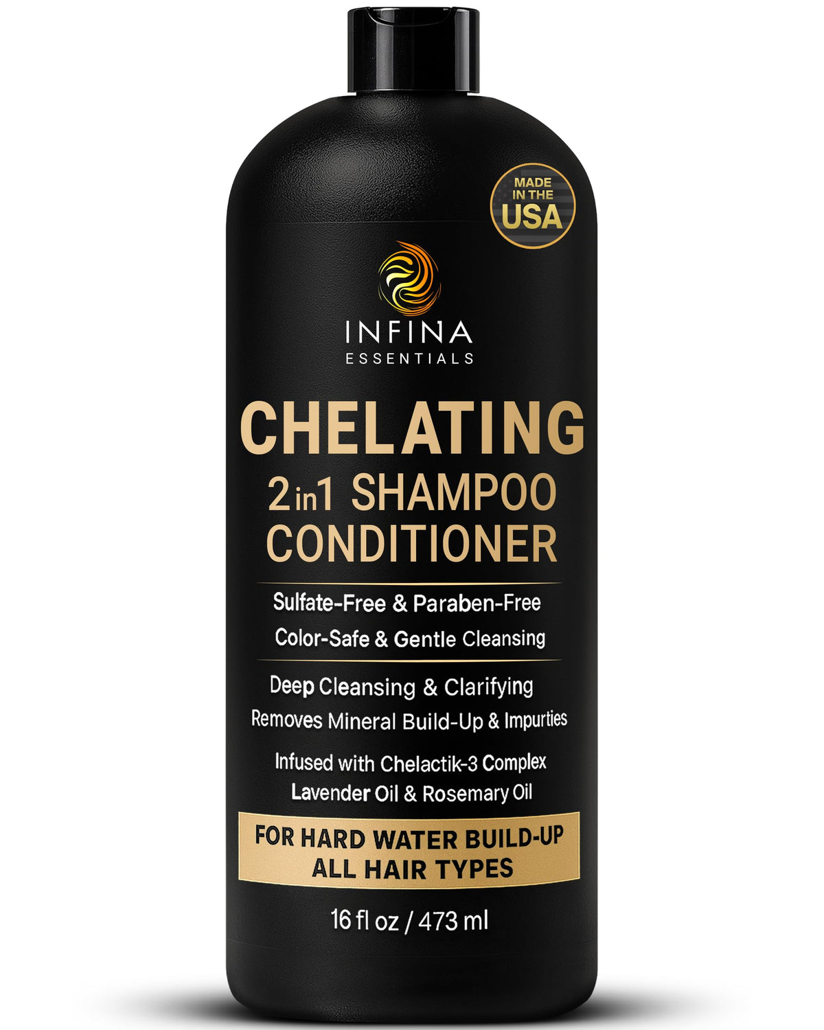 Infina Essentials hard water shampoo bottle pour promotes mineral buildup removal and ease of use