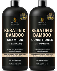 INFINA ESSENTIALS Keratin Shampoo bottle showcases smoothness-focused cleansing.