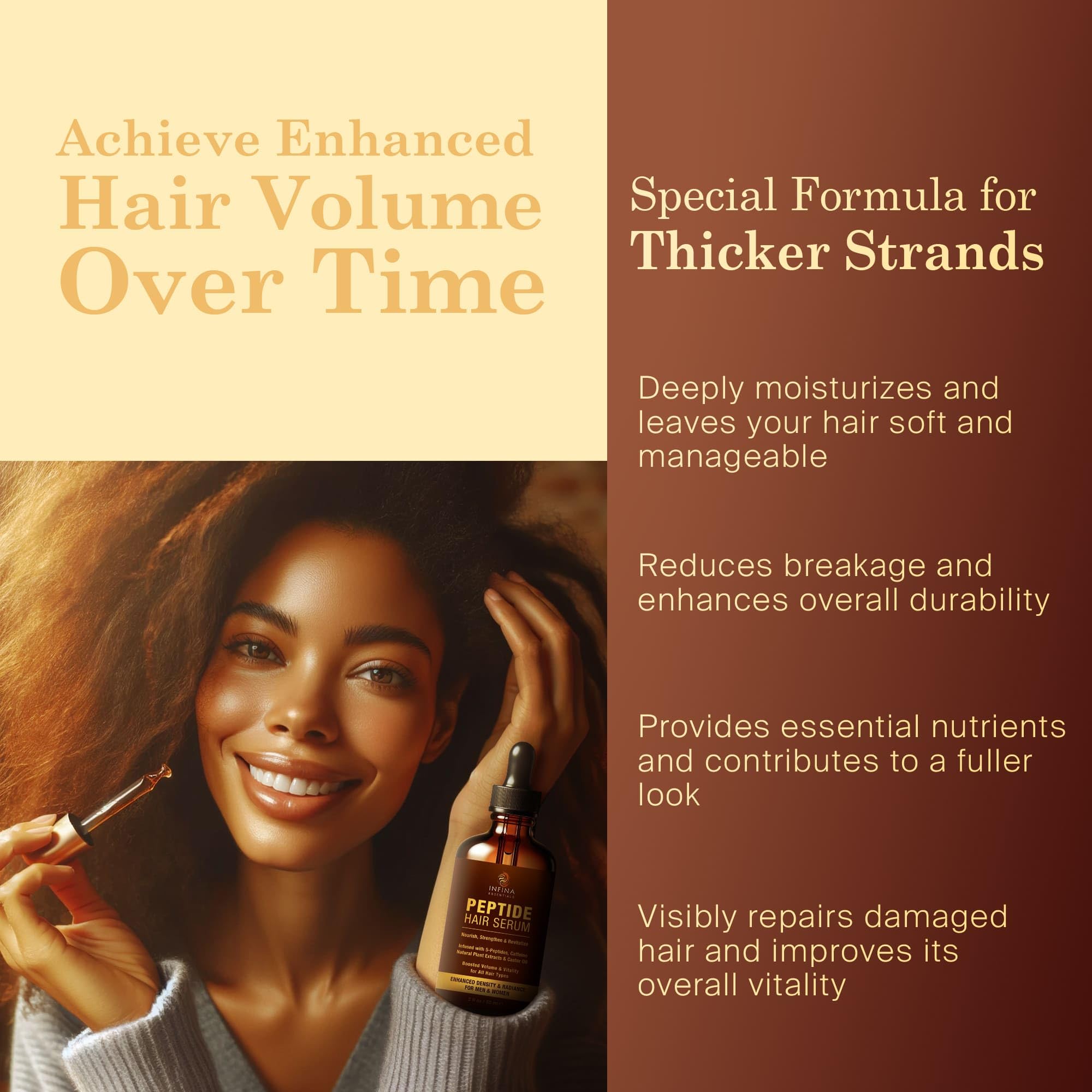 INFINA ESSENTIALS leave-in conditioner shot demonstrates easy styling and moisture retention.
