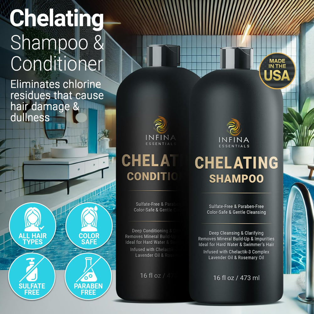 INFINA ESSENTIALS Metal Detox Shampoo close-up illustrating mineral removal for vibrant color.