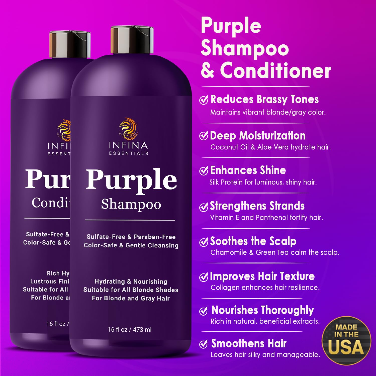 INFINA ESSENTIALS Purple Conditioner tube applying hydration on blonde or color-treated hair.
