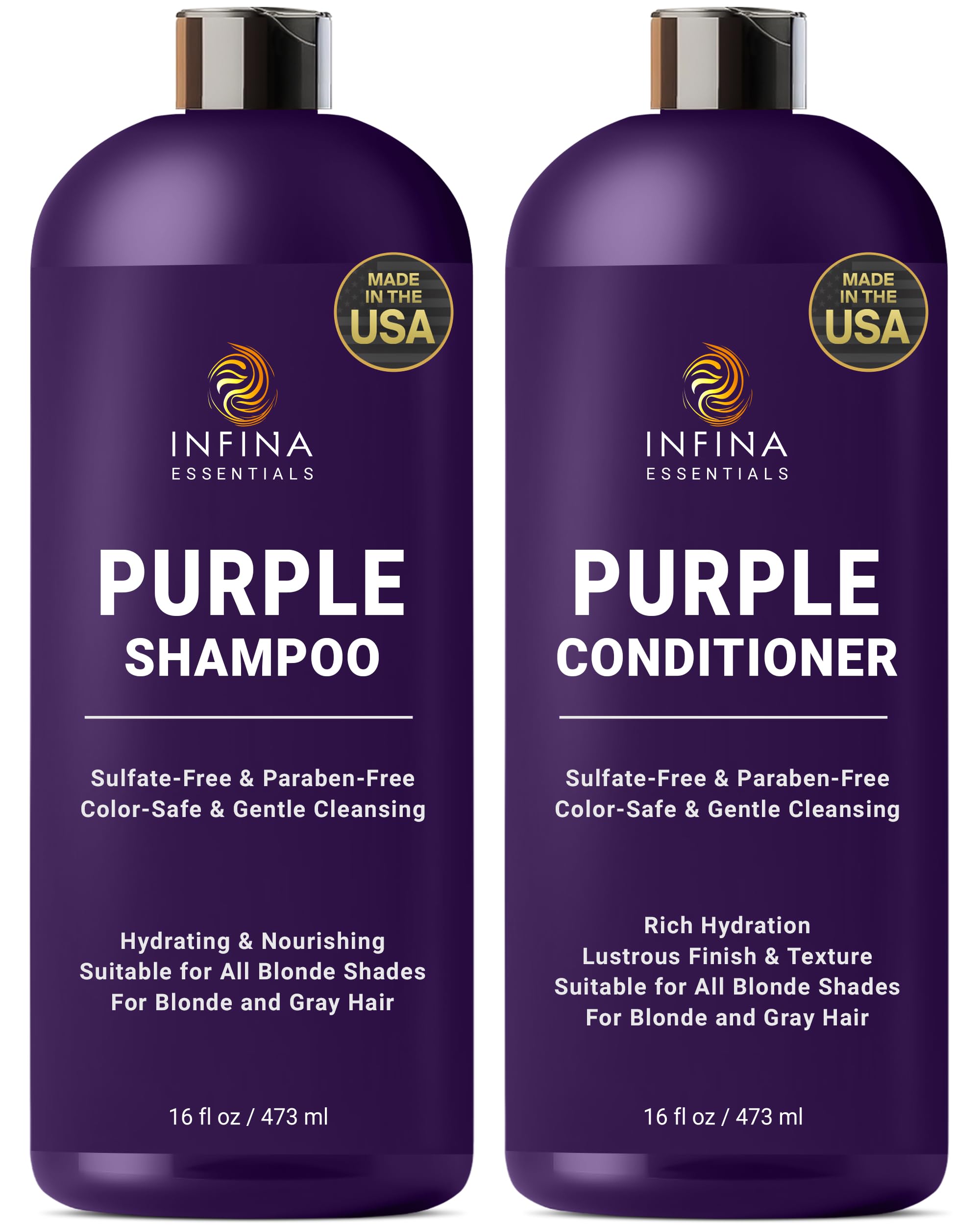 INFINA ESSENTIALS Purple Shampoo bottle pouring to reduce brassiness in blonde and gray hair.