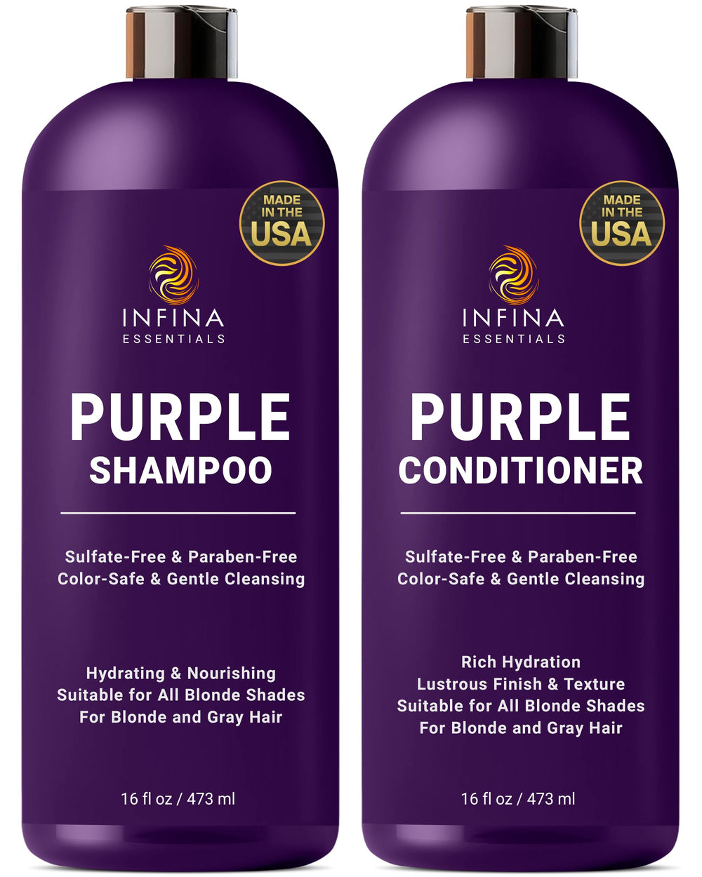 INFINA ESSENTIALS Purple Shampoo bottle pouring to reduce brassiness in blonde and gray hair.