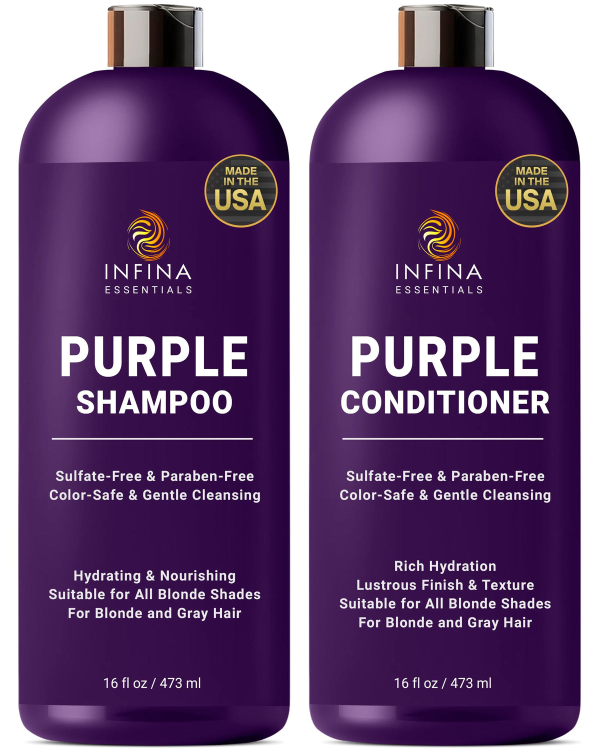 INFINA ESSENTIALS Purple Shampoo bottle pouring to reduce brassiness in blonde and gray hair.