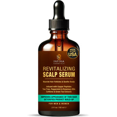 INFINA ESSENTIALS Revitalizing Scalp Serum bottle shows a lightweight formula for refreshed scalp comfort