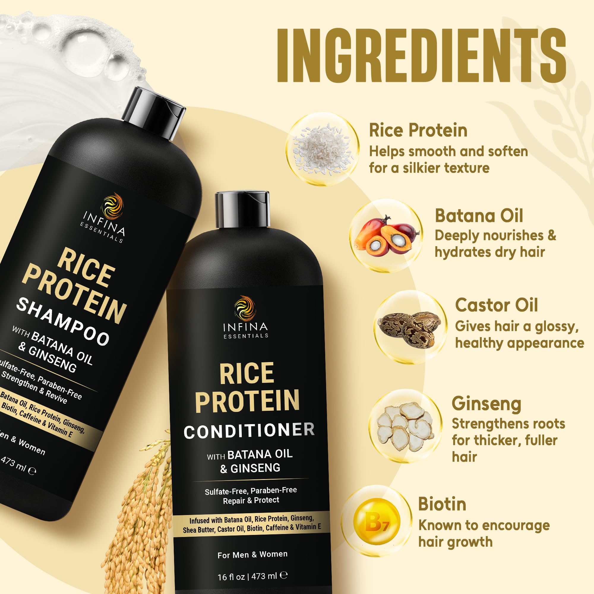 INFINA ESSENTIALS rice protein conditioner bottle closeup shows nourishing hydration