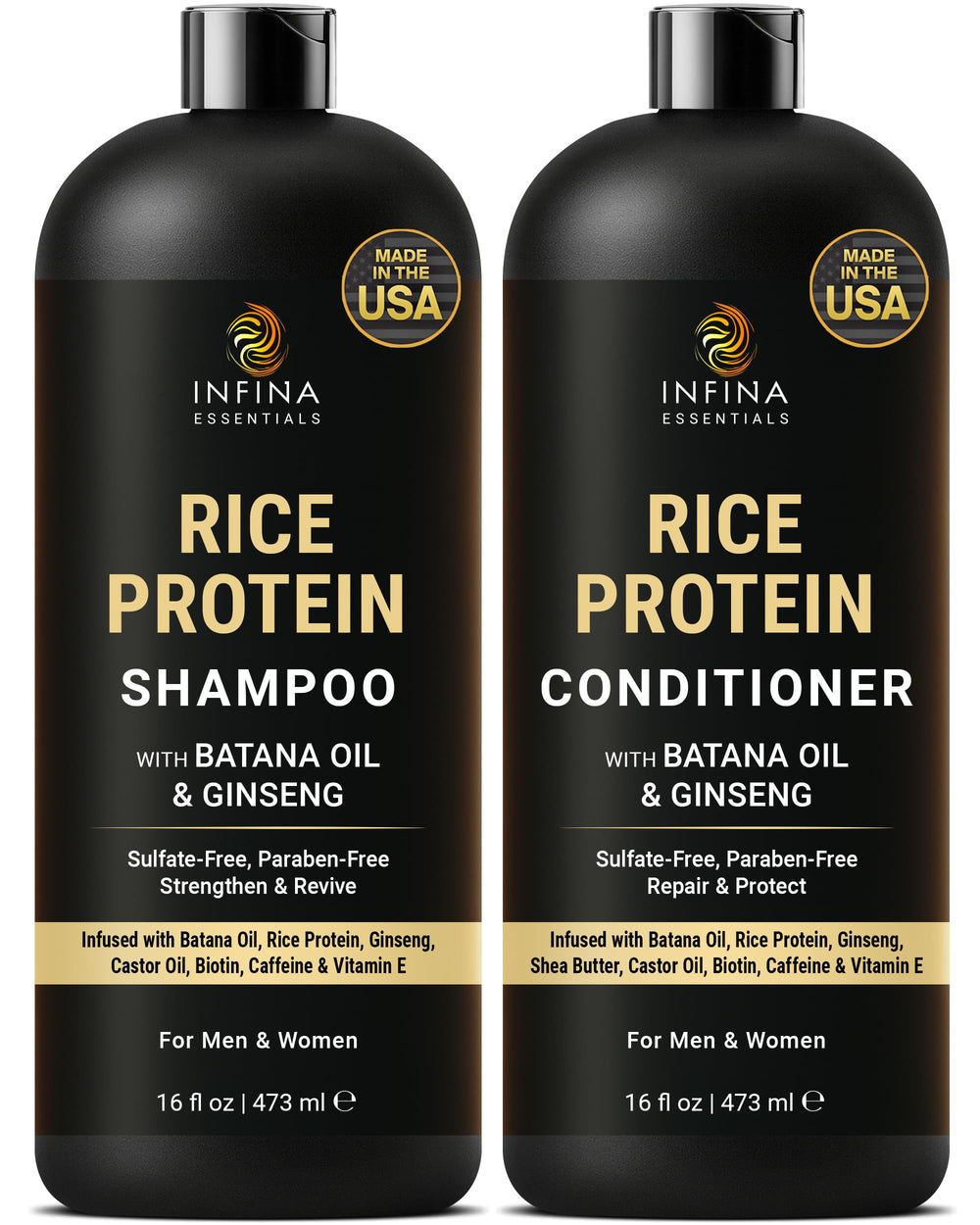 INFINA ESSENTIALS rice protein shampoo bottle closeup supports gentle cleansing and root strength