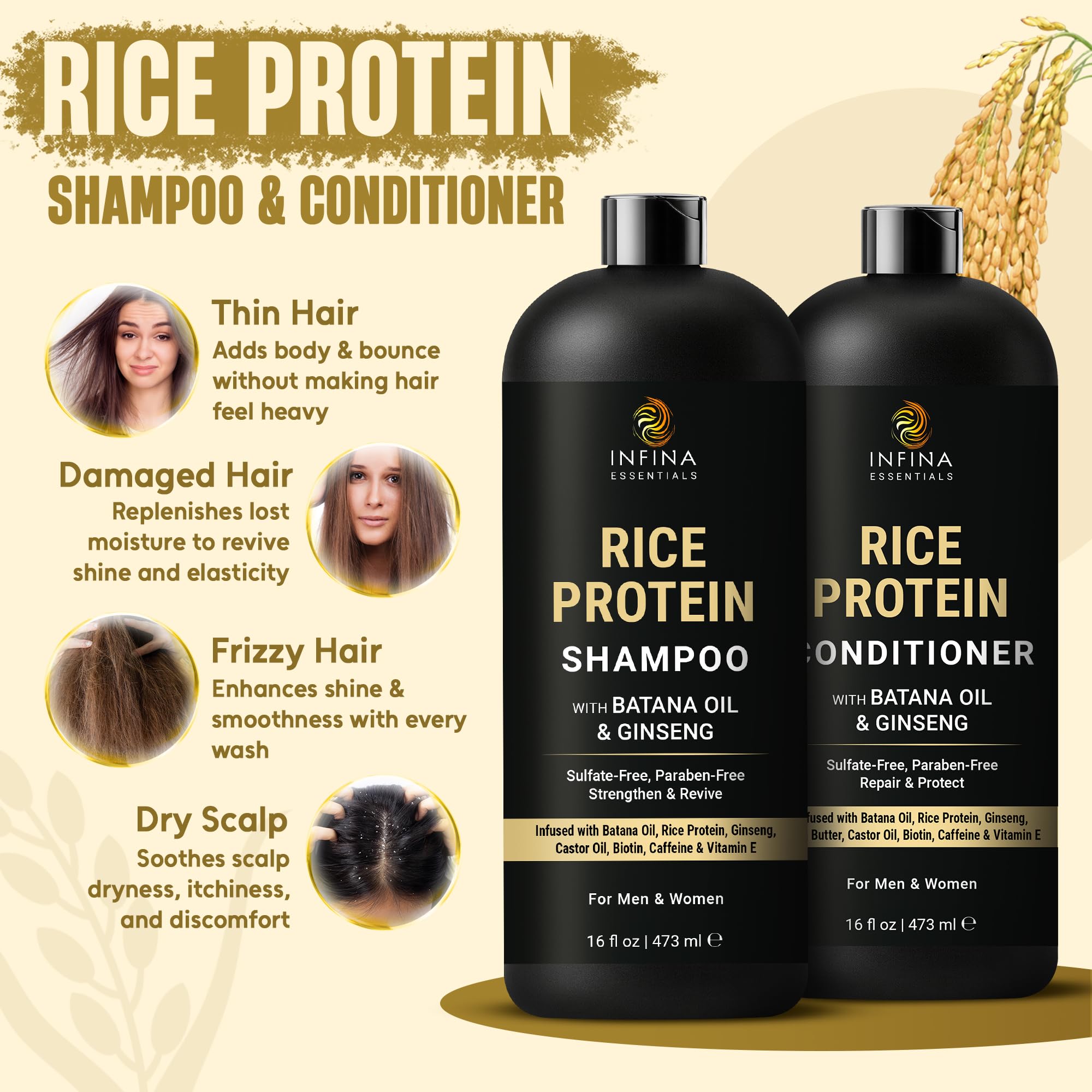 INFINA ESSENTIALS rice protein shampoo label highlights batana oil and ginseng benefits