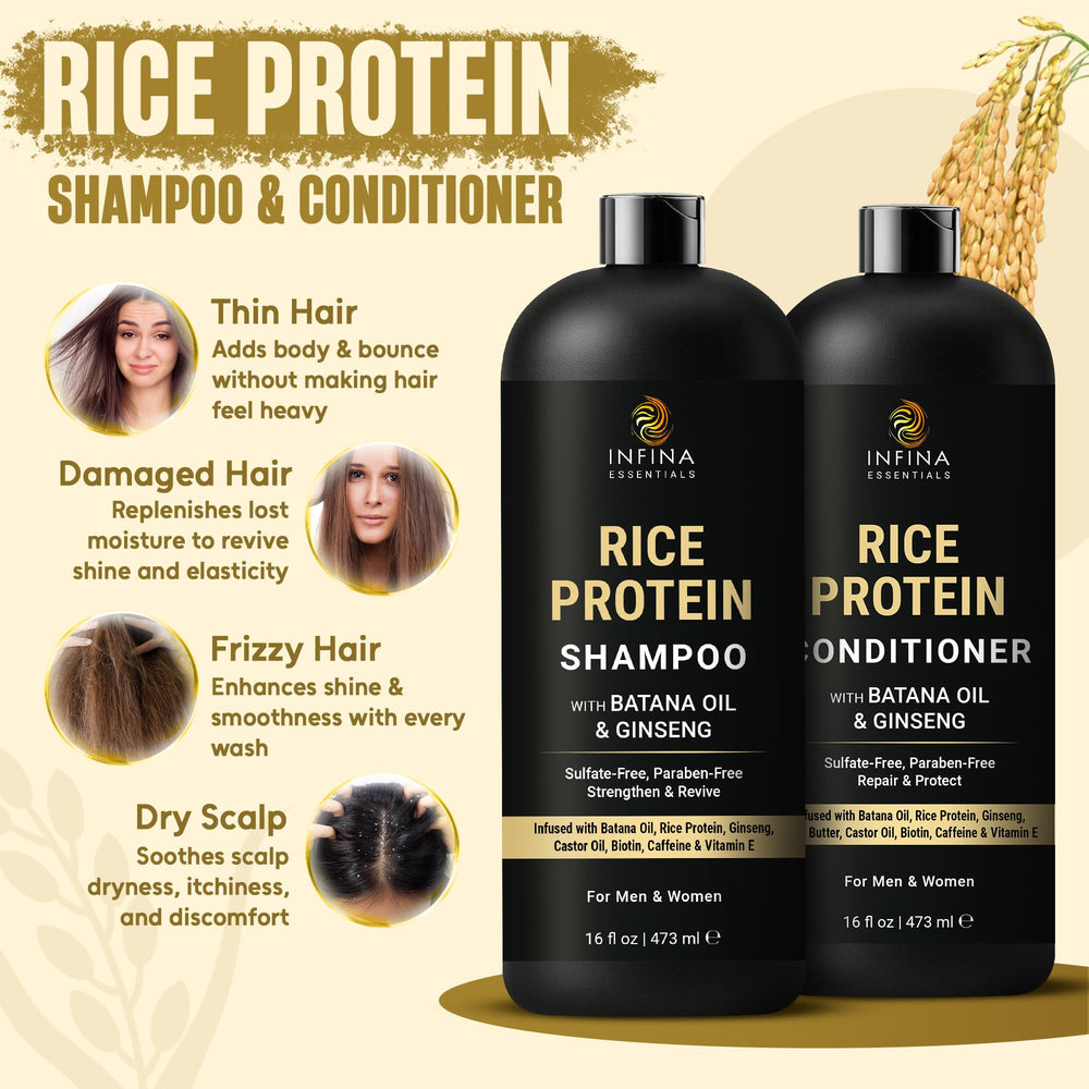 INFINA ESSENTIALS rice protein shampoo label highlights batana oil and ginseng benefits