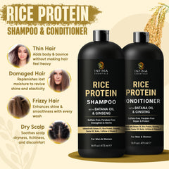 INFINA ESSENTIALS rice protein shampoo label highlights batana oil and ginseng benefits