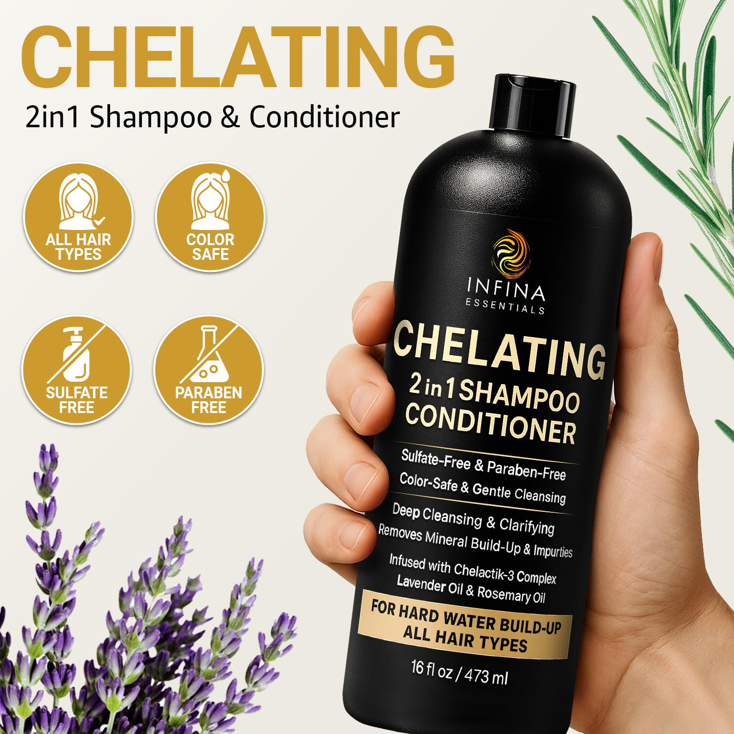 Infina Essentials rosemary and lavender oils bottle conveys calming scalp care