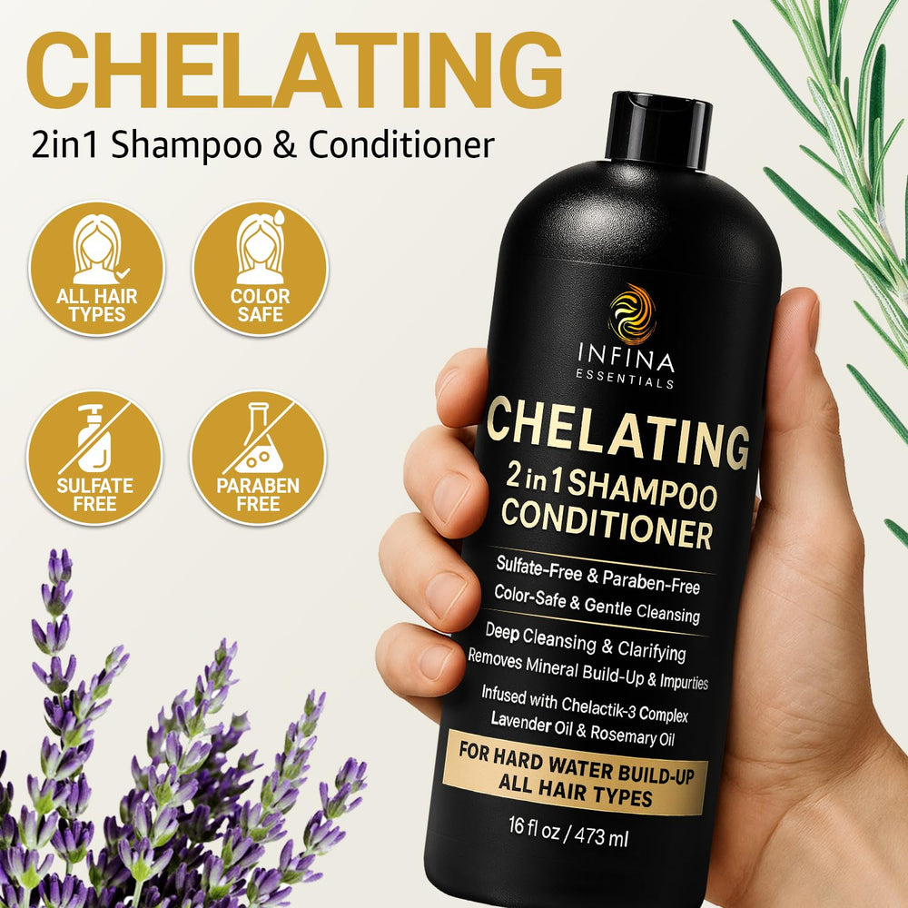 Infina Essentials rosemary and lavender oils bottle conveys calming scalp care