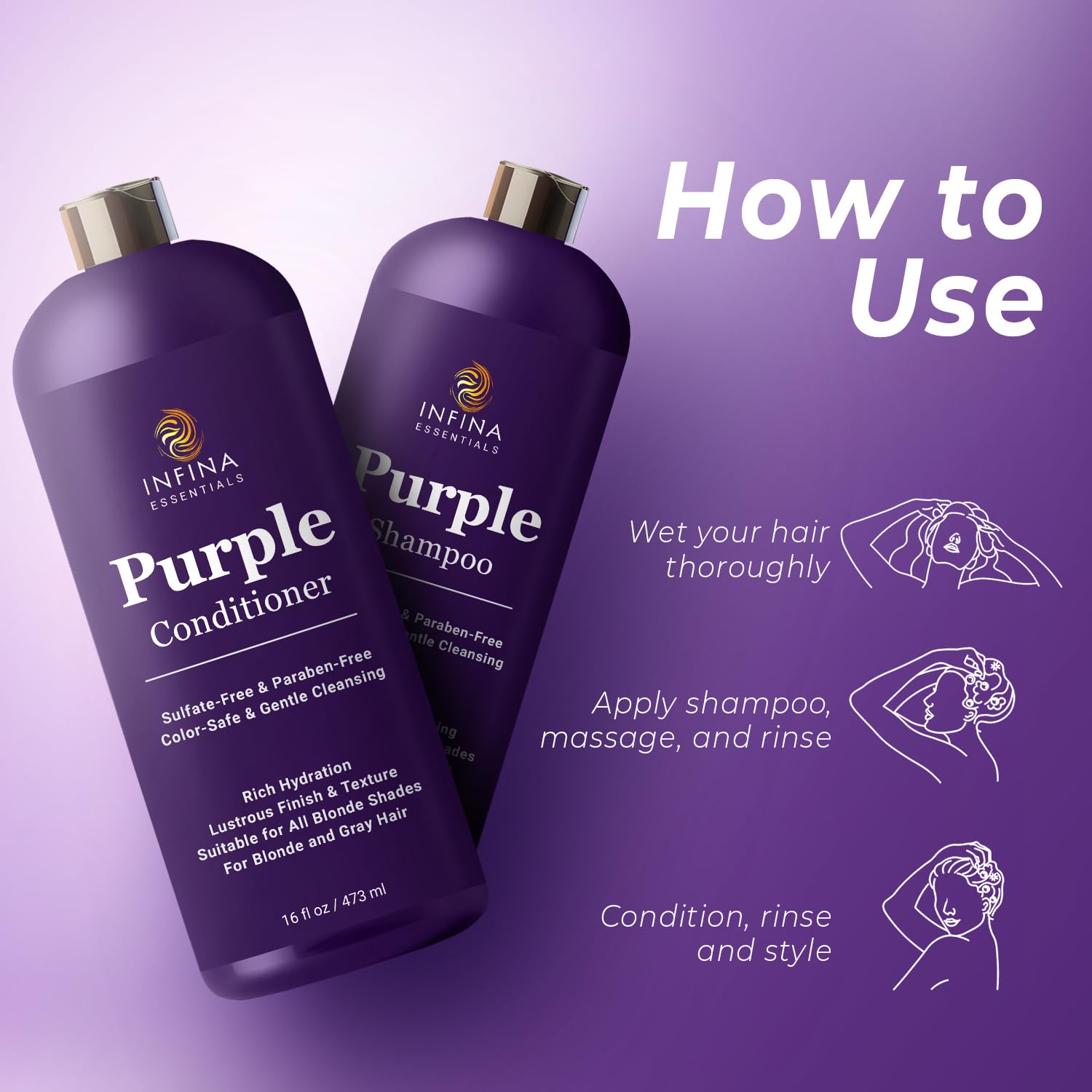 Close-up of INFINA ESSENTIALS Purple Shampoo lather on brassy hair with cool-toned finish.