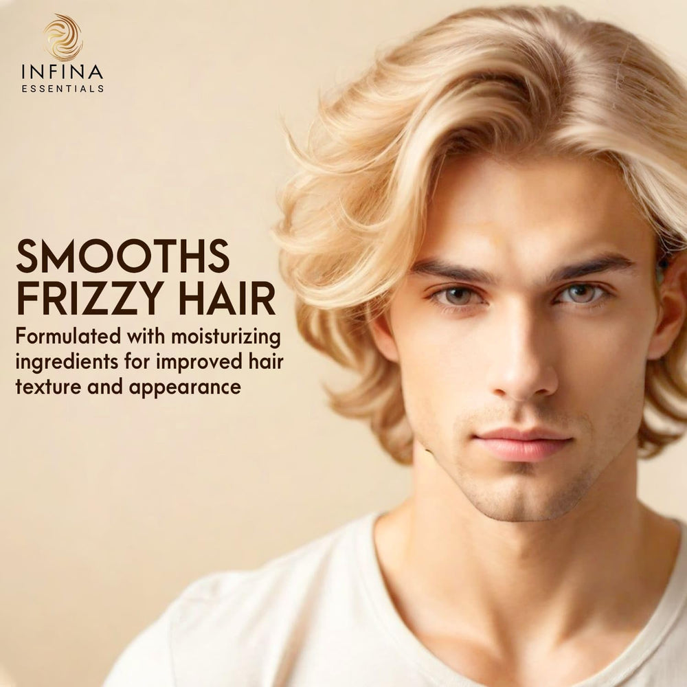 INFINA ESSENTIALS Shampoo lather on hand, demonstrating gentle cleansing and scent.