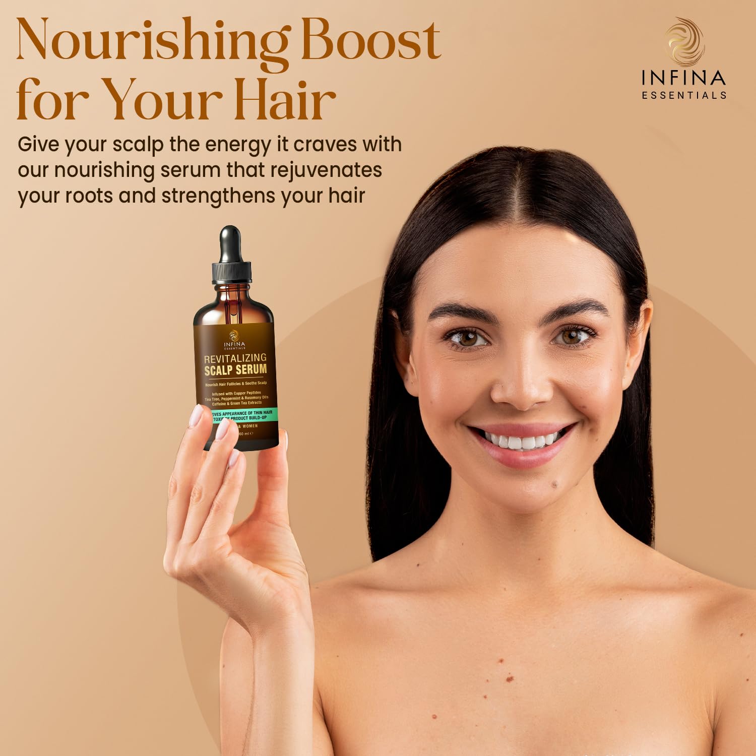 INFINA ESSENTIALS tea tree oil blend visual emphasizes soothing aroma for scalp balance