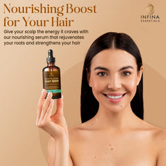 INFINA ESSENTIALS tea tree oil blend visual emphasizes soothing aroma for scalp balance