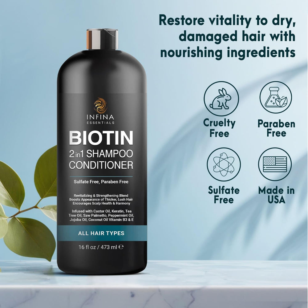 INFINA ESSENTIALS tea tree oil visuals indicate refreshing cleansing and scalp clarity.