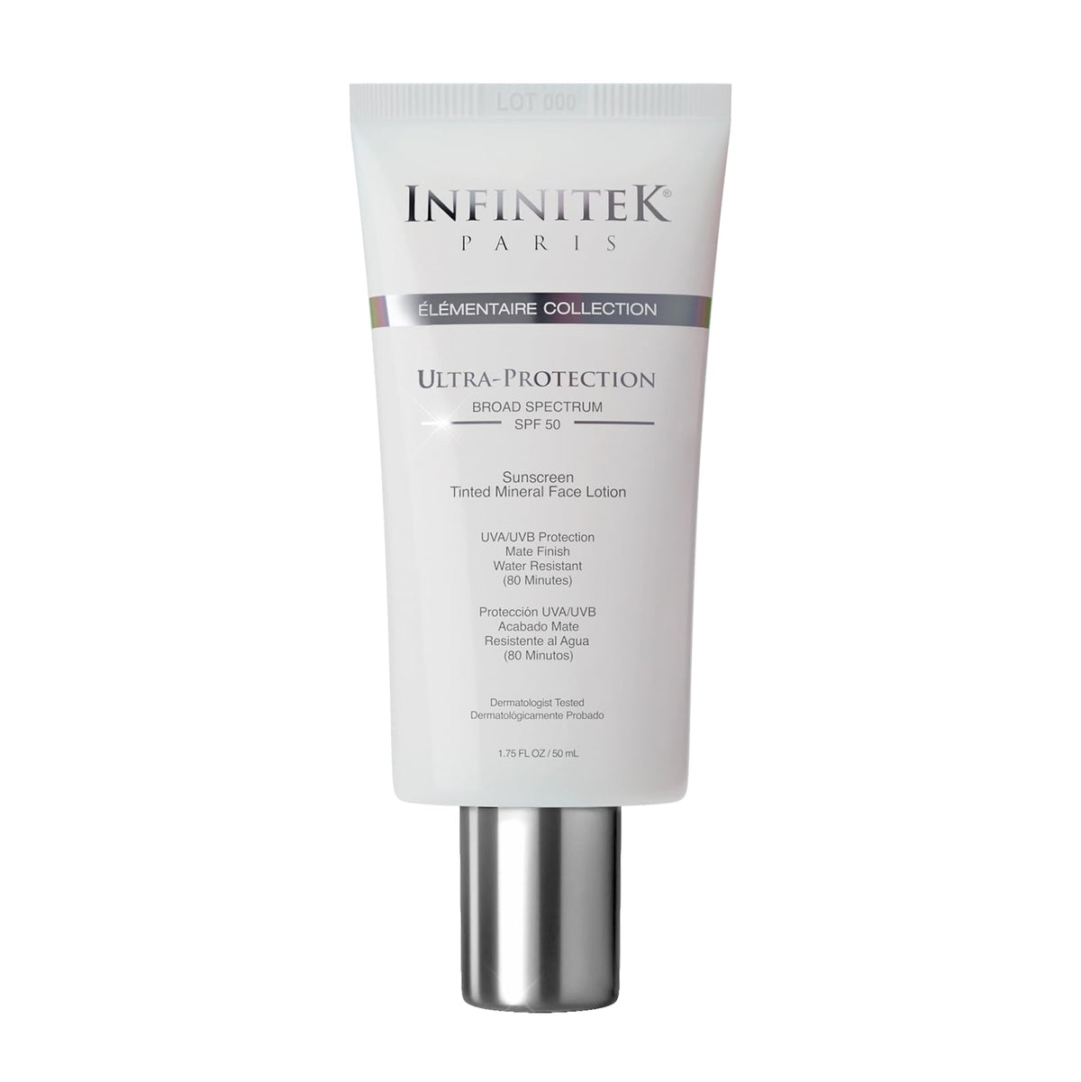 Infinitek Paris tinted mineral sunscreen bottle front showing universal tint blending with skin tones