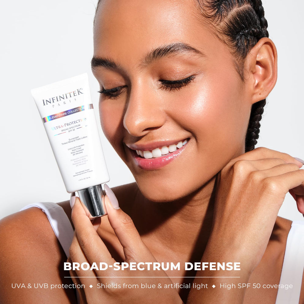 Infinitek Paris tinted mineral sunscreen texture closeup highlighting non-greasy, lightweight formula