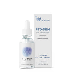 InfiniWell PTD-DBM serum bottle shown for daily scalp care and fuller-looking hair.