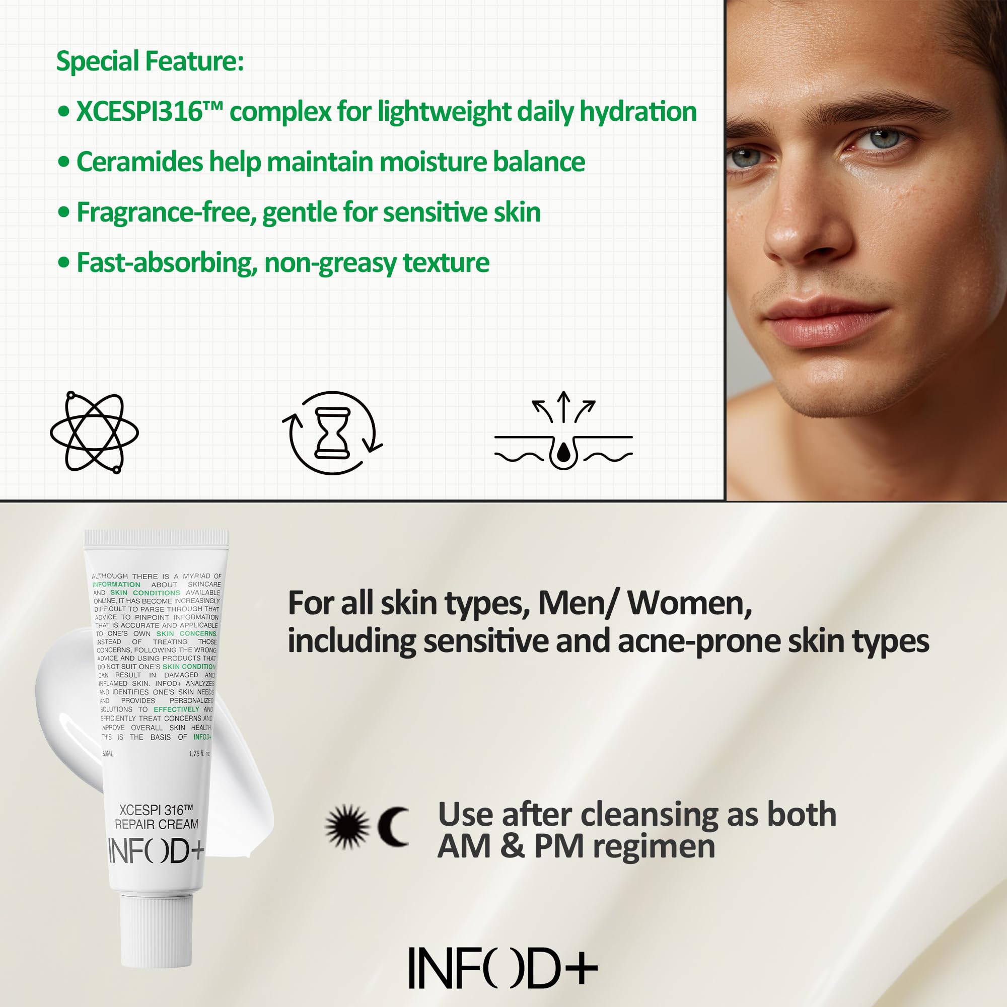 InfodPlus fast-absorbing texture leaves skin soft after application.