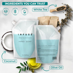 Infusé refill bag being used in a countertop dispenser setup