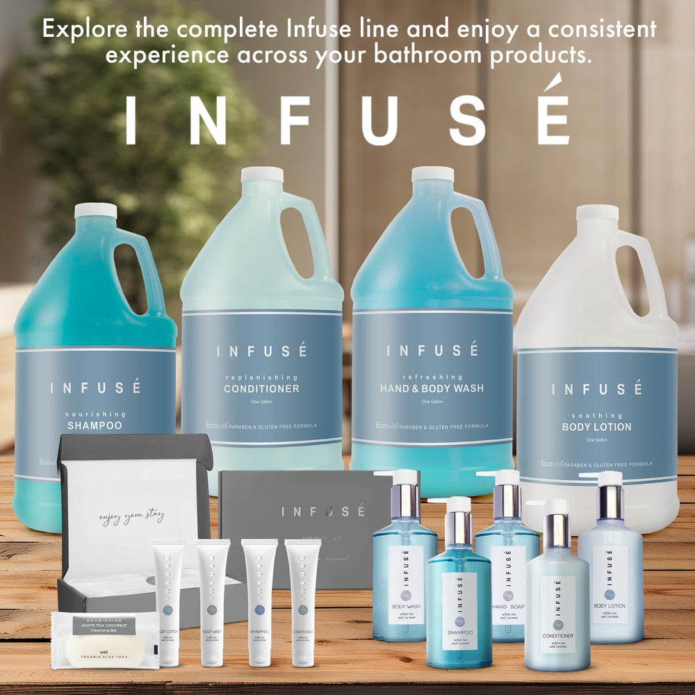 INFUSÉ guest-ready toiletries in a vacation rental setup.