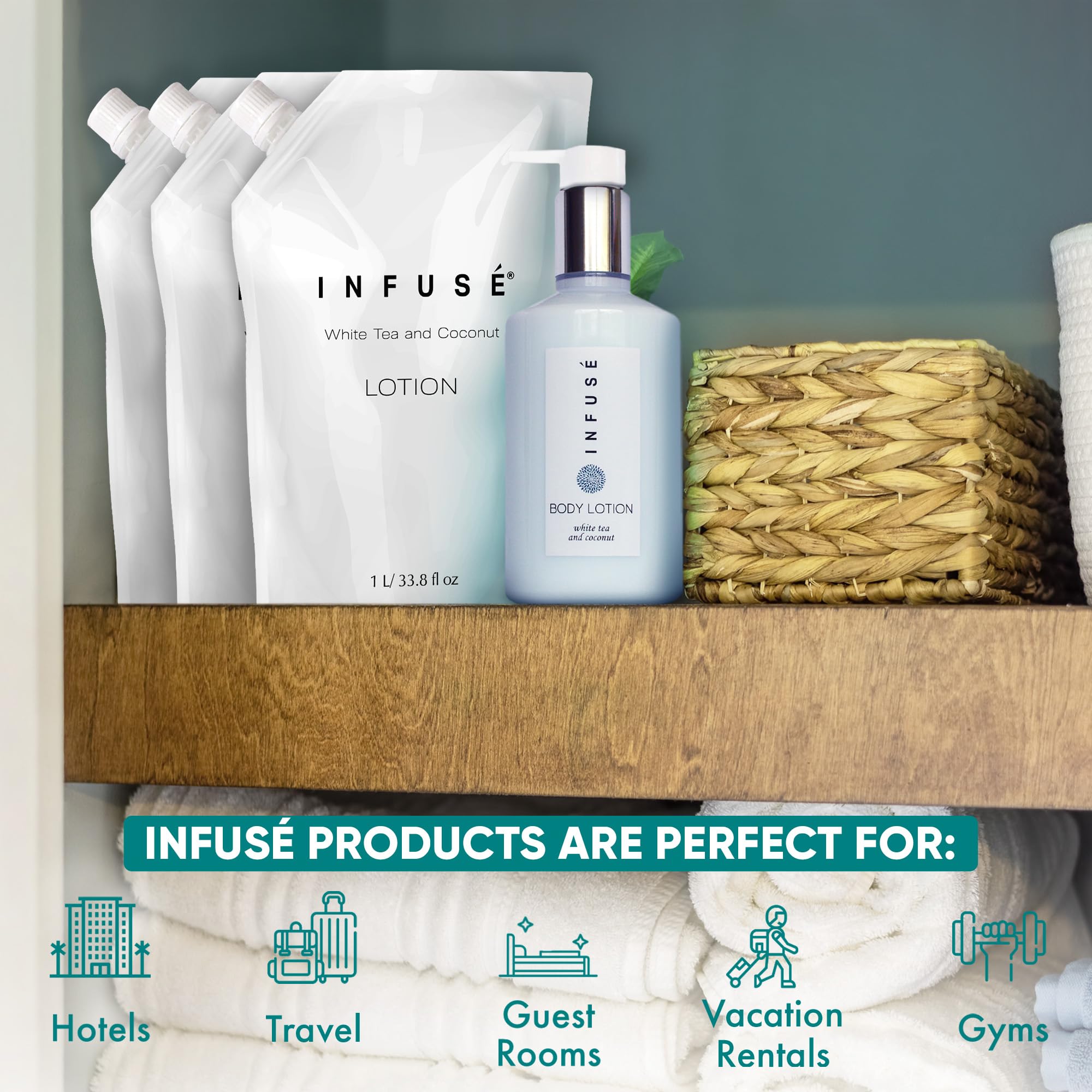 INFUSÉ wall-mounted dispenser refill 1L featuring a luxurious White Tea and Coconut formula.