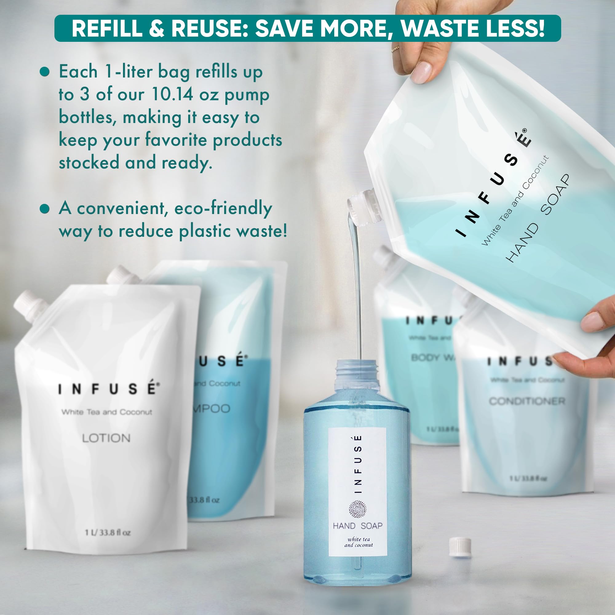 Infusé refill bag in a wall dispenser in a premium bathroom