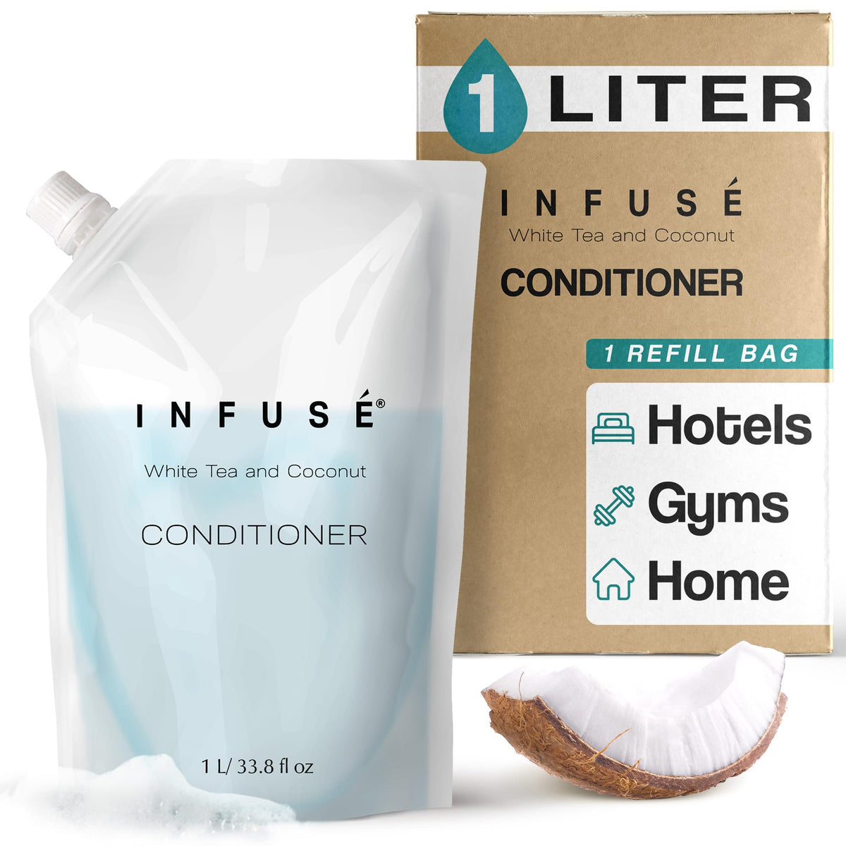 INFUSÉ White Tea and Coconut conditioner refill 1L for hotel dispensers, premium guest experience.