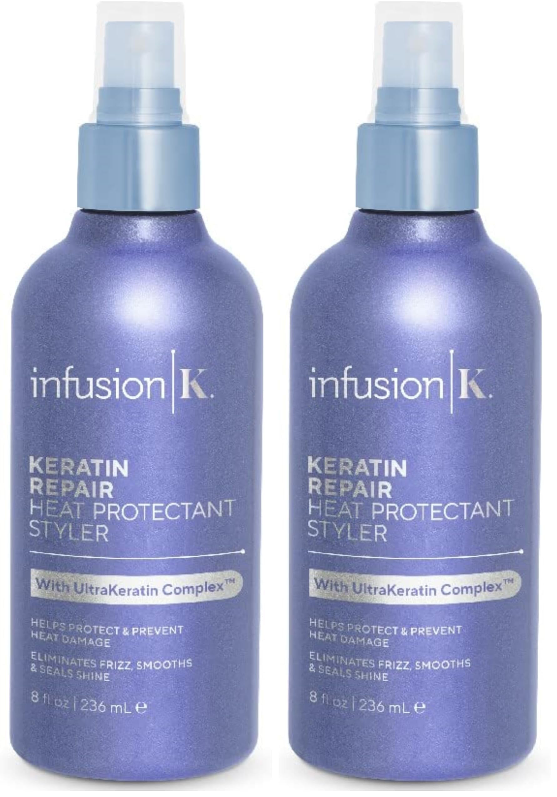Infusion K heat protectant bottle front showing shine protection for styled hair