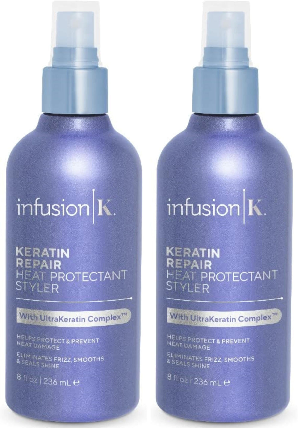Infusion K heat protectant bottle front showing shine protection for styled hair