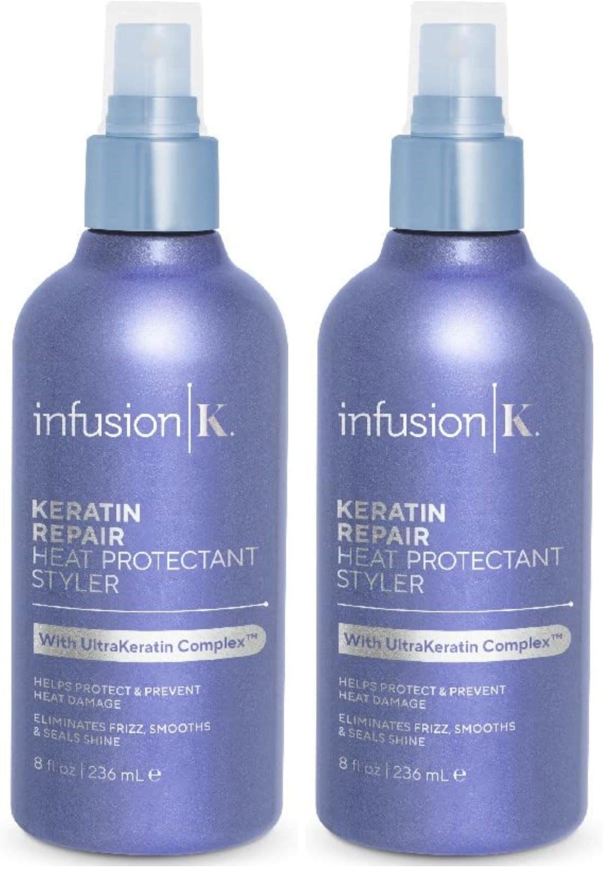 Infusion K heat protectant bottle front showing shine protection for styled hair
