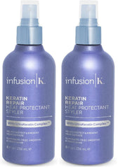 Infusion K heat protectant bottle front showing shine protection for styled hair