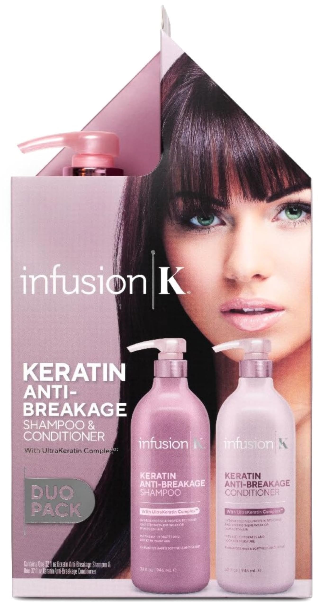 Infusion K Keratin Anti-Breakage Shampoo bottle promotes stronger, smoother strands.