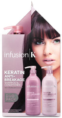 Infusion K Keratin Anti-Breakage Shampoo bottle promotes stronger, smoother strands.