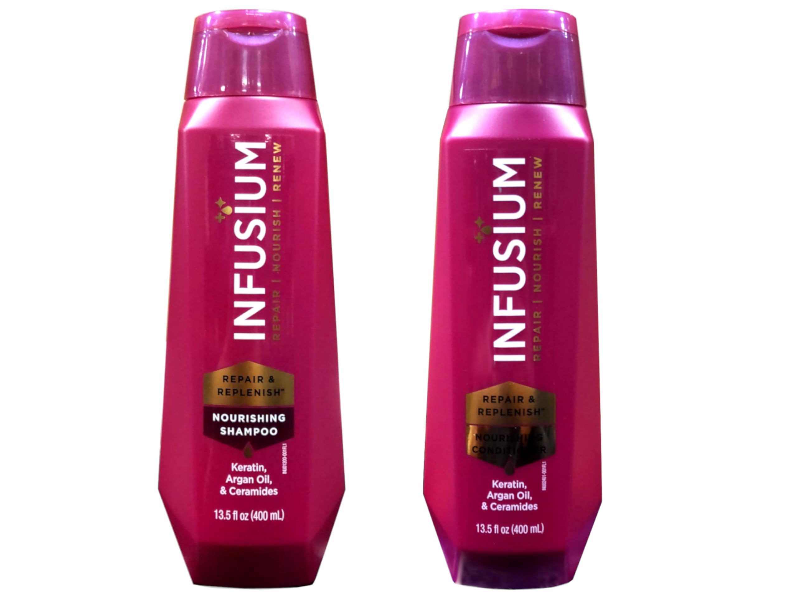 Infusium Moisturize & Replenish shampoo bottle shows hydrating wash.
