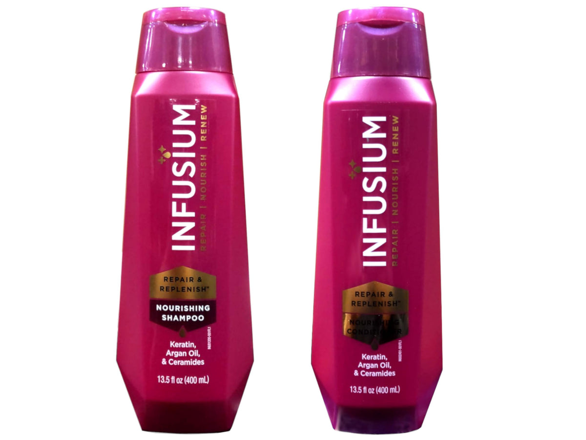 Infusium Moisturize & Replenish shampoo bottle shows hydrating wash.