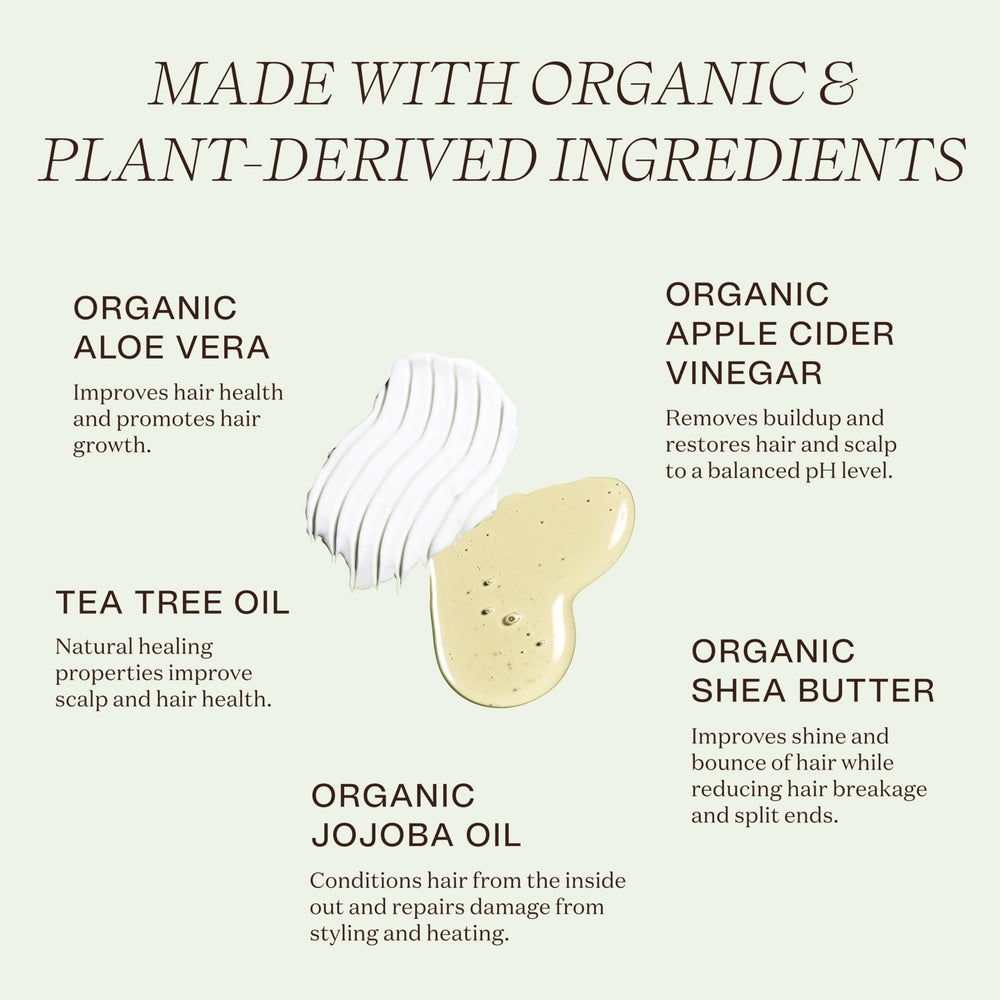Ingreendients apple cider vinegar bottle indicating clarifying action and color protection.