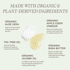 Ingreendients apple cider vinegar bottle indicating clarifying action and color protection.
