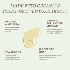 Ingreendients apple cider vinegar tea tree essences bottle highlights scalp-supporting formula.