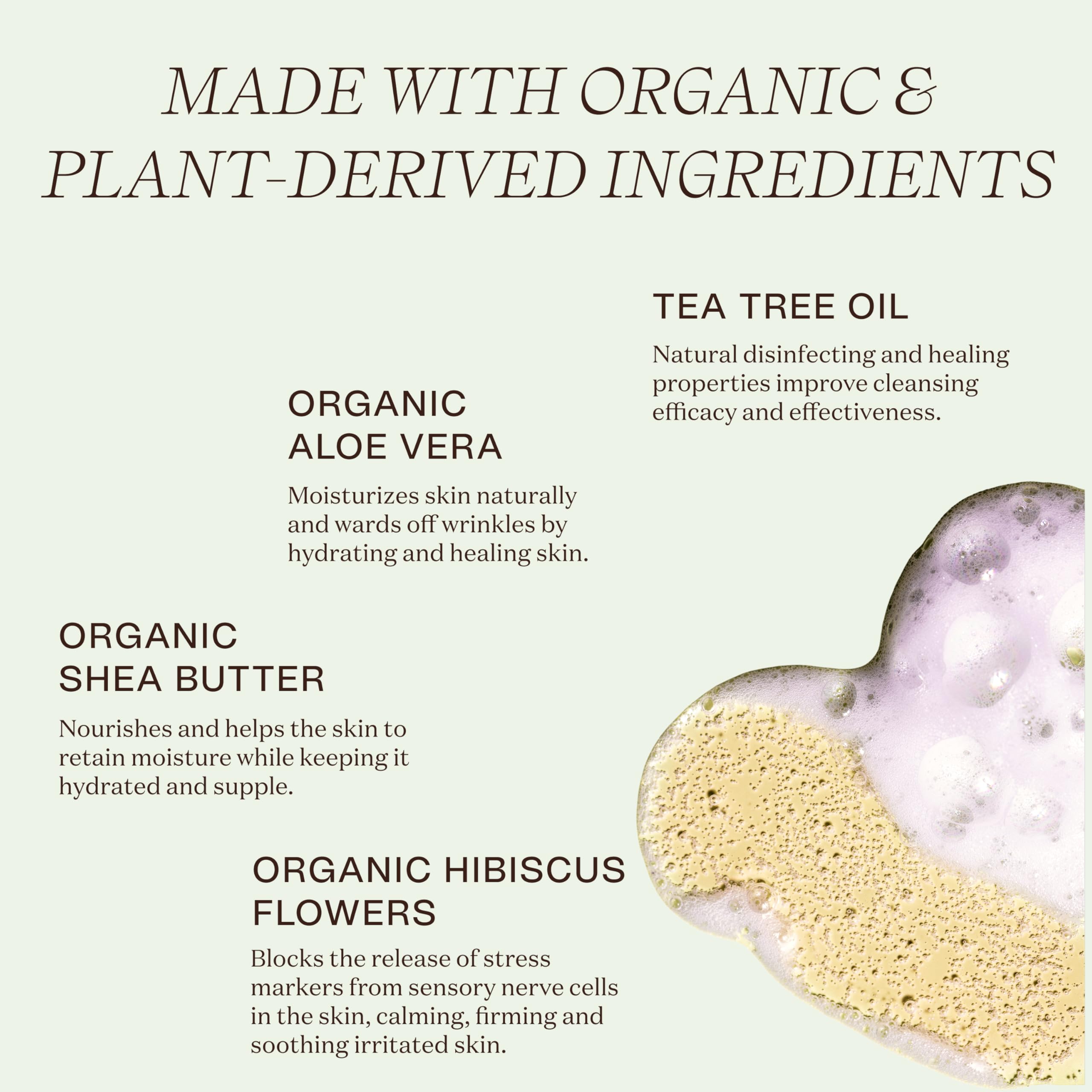 Ingreendients moisturizing body wash label closeup shows plant-based, clean ingredients for sensitive skin
