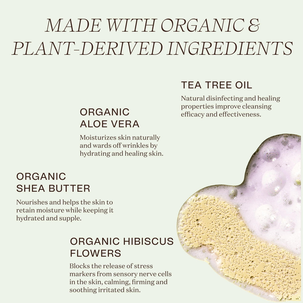 Ingreendients moisturizing body wash label closeup shows plant-based, clean ingredients for sensitive skin