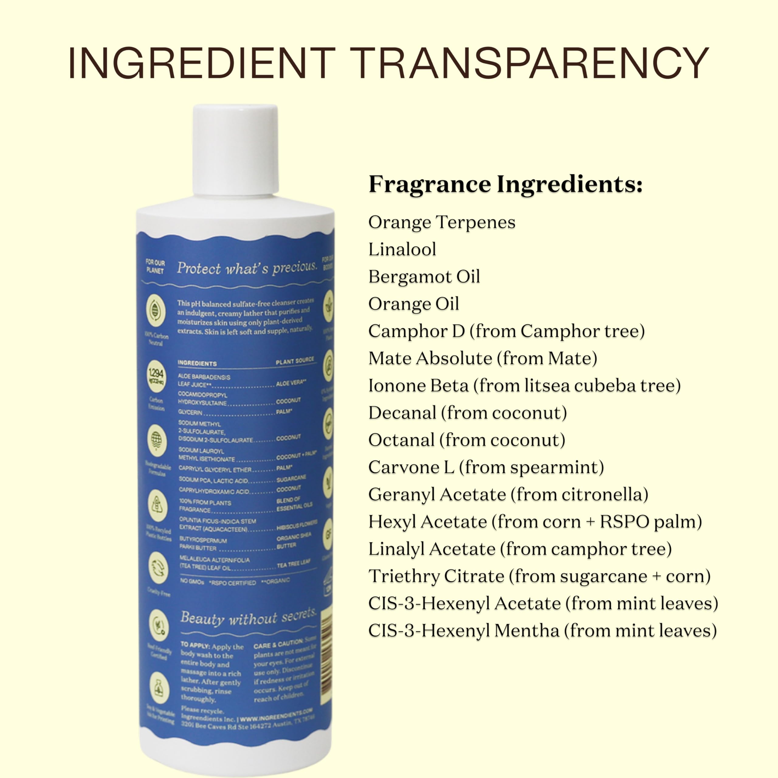 Ingreendients bottle with visible botanicals emphasizes organic plant-derived ingredients.