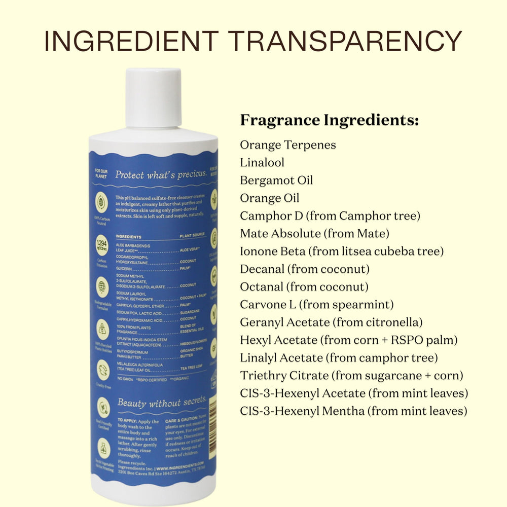 Ingreendients bottle with visible botanicals emphasizes organic plant-derived ingredients.