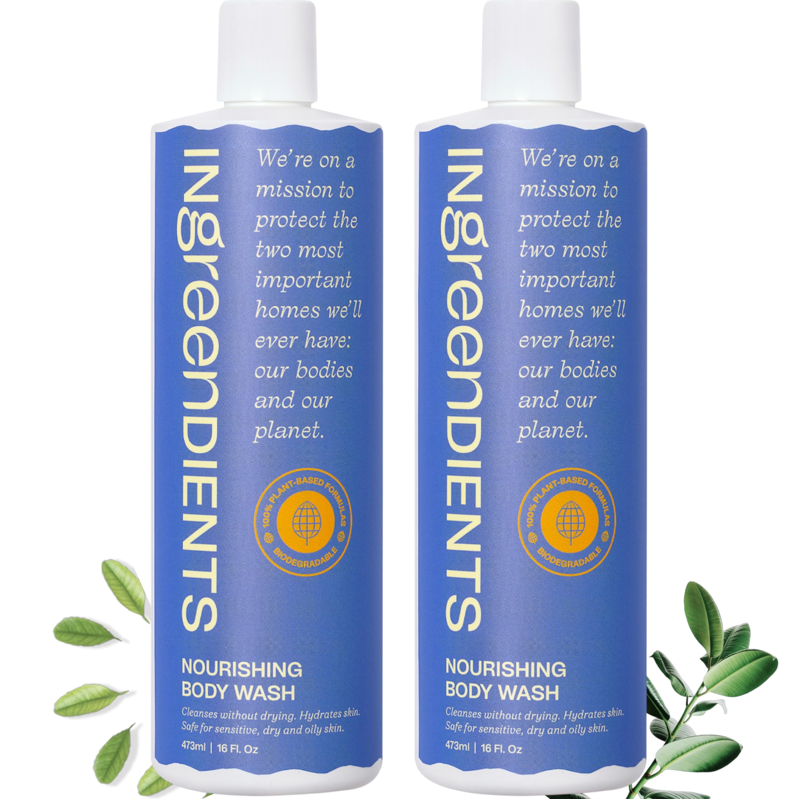 Ingreendients natural body wash front bottle highlights organic ingredients for daily hydration.