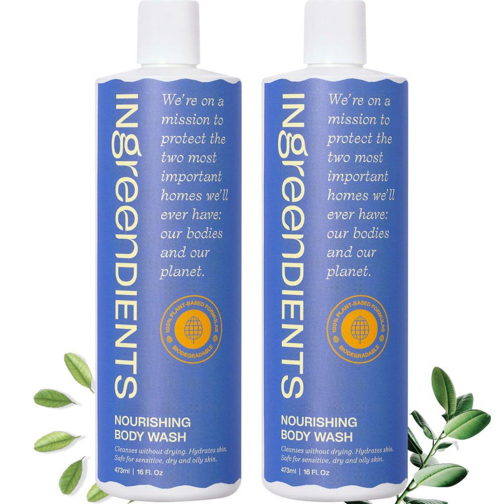 Ingreendients natural body wash front bottle highlights organic ingredients for daily hydration.
