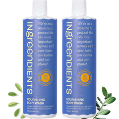 Ingreendients natural body wash front bottle highlights organic ingredients for daily hydration.