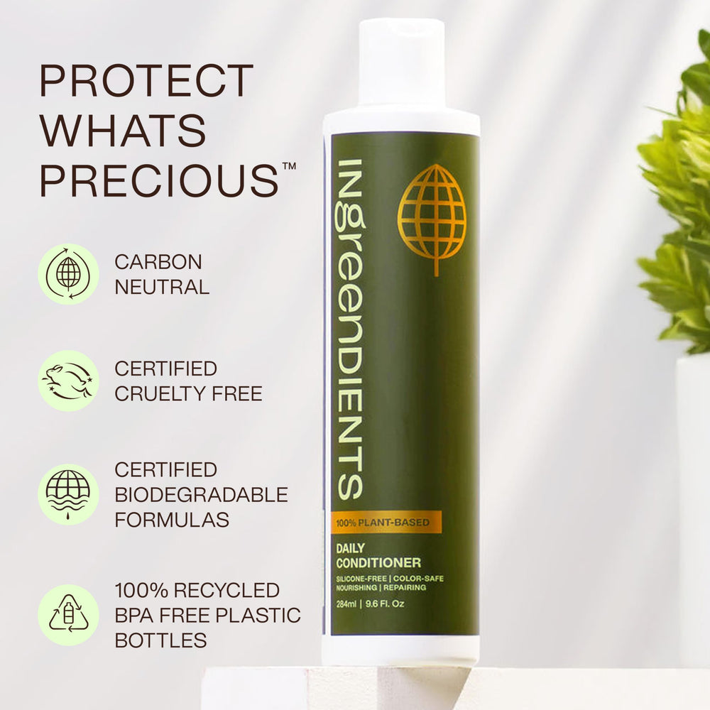 Ingreendients color-safe shine appears on treated hair in a close-up shot.